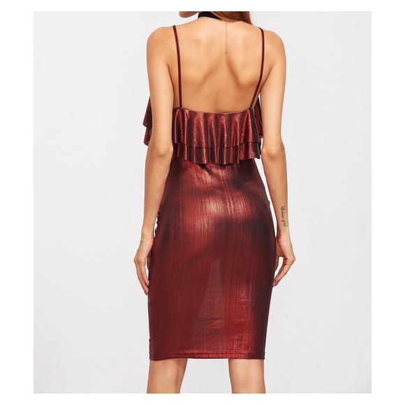 Red Metallic Ruffle Bodycon Midi Dress - Picture 2 of 8